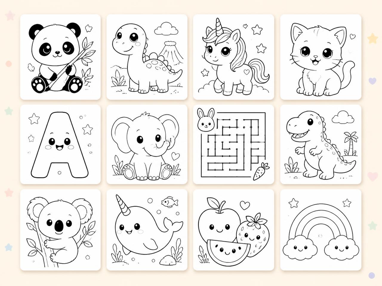 Mosaico com miniaturas de desenhos para colorir: animais, dinossauros, unicórnios, letras e labirintos